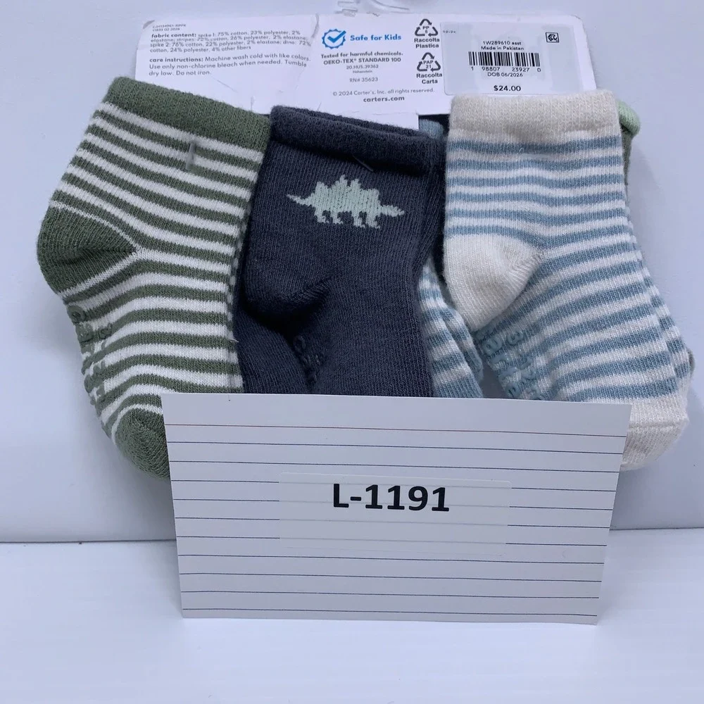Carter's Baby 3-12m Blue Green Dinosaur Stripe 6-Pack Ankle Socks NWT